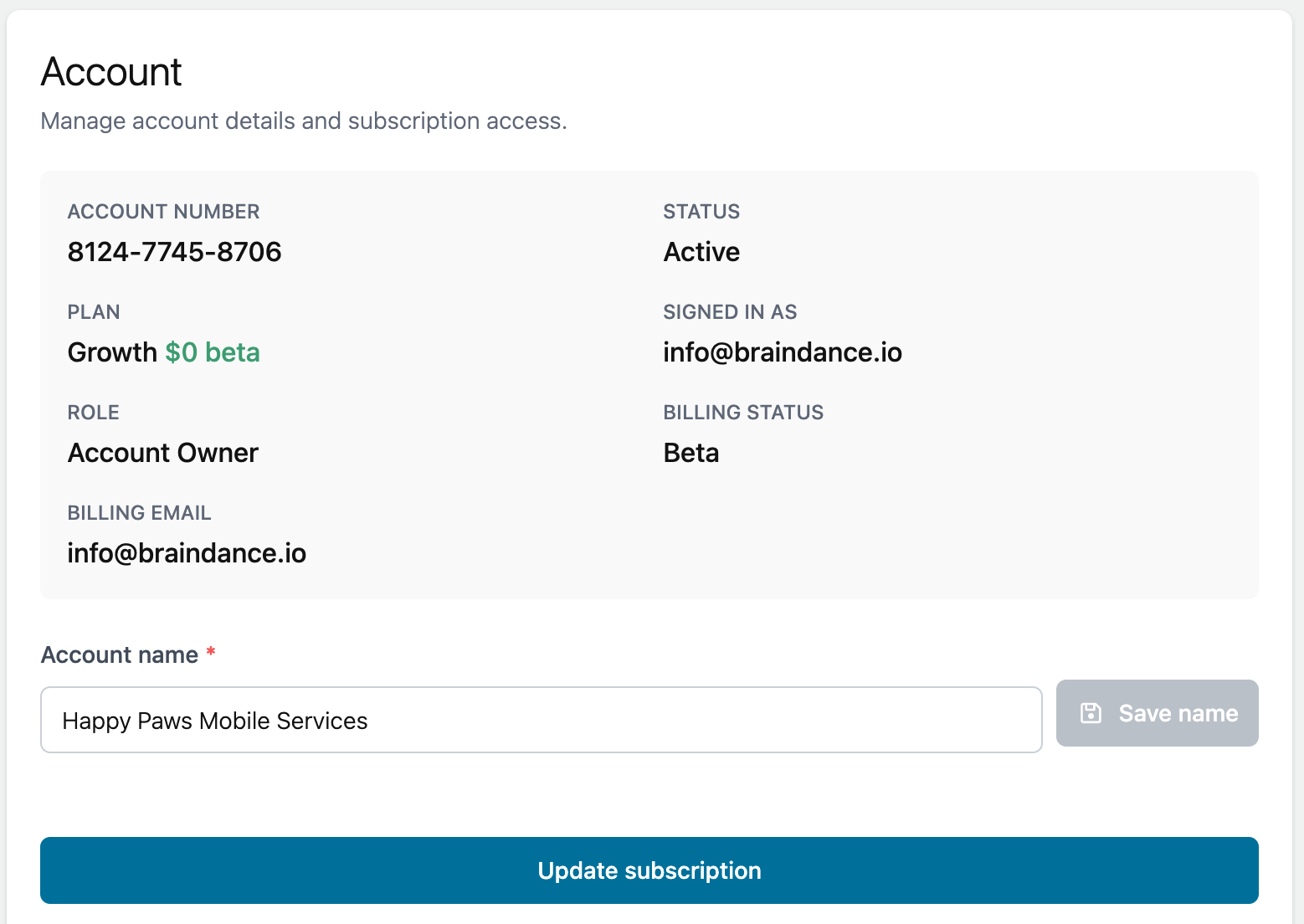 Account detail screen