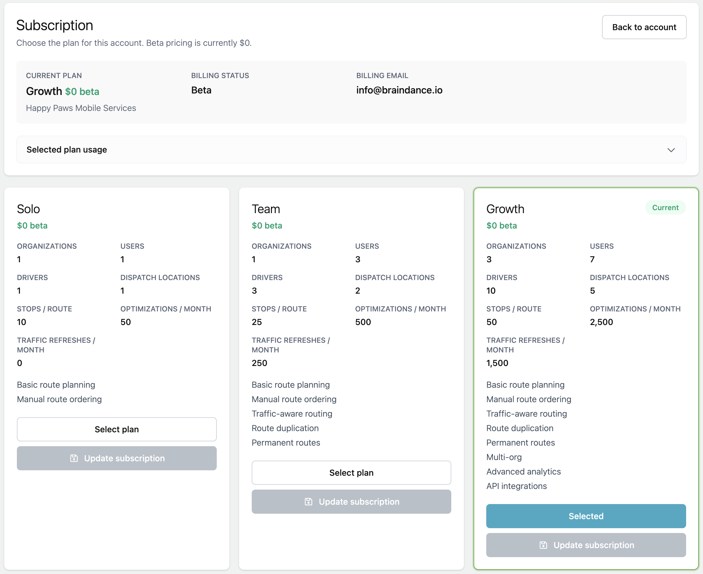 Update subscription screen with plan options