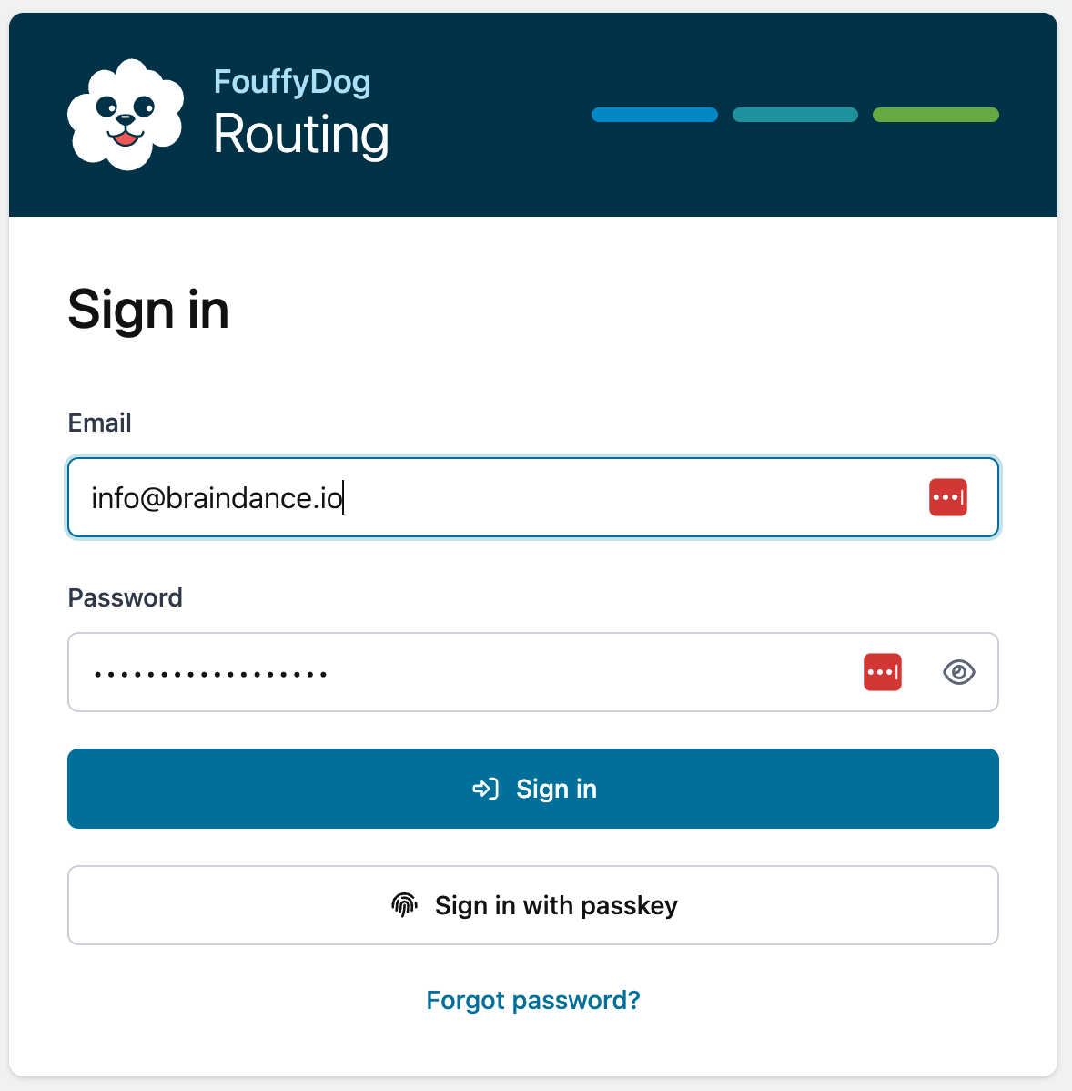 Fouffy Dog Routing sign-in screen