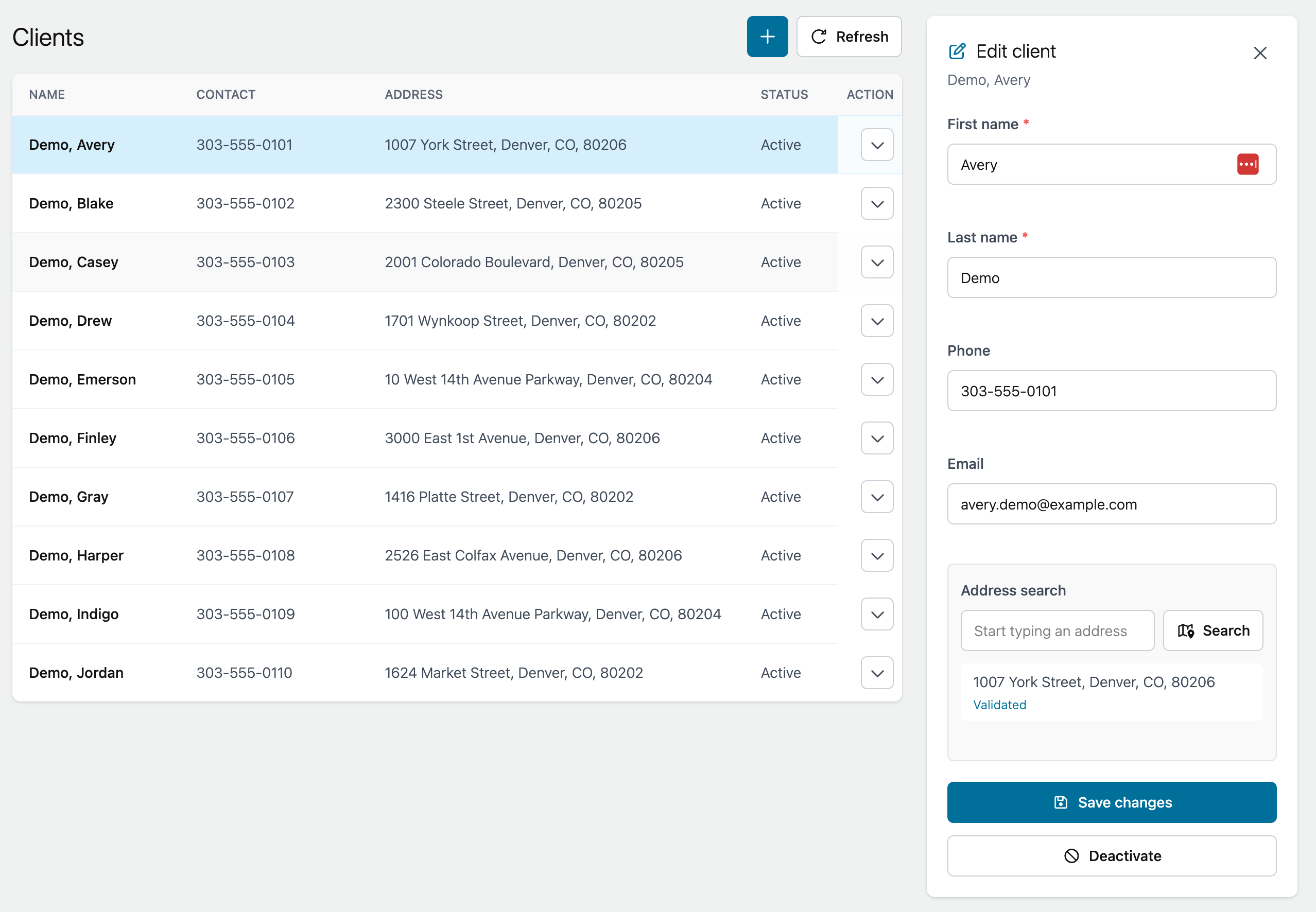 Customer detail screen with address fields