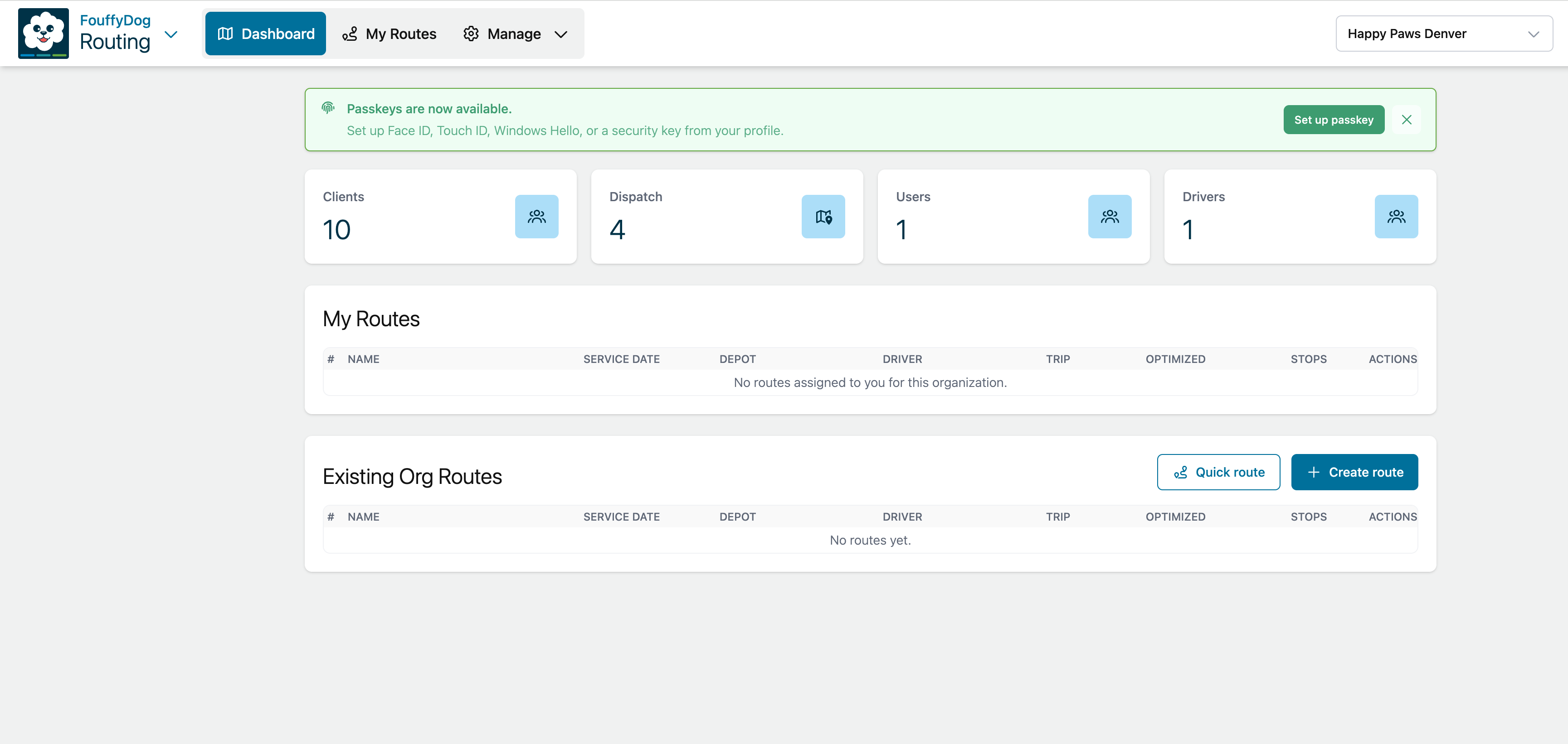 Fouffy Dog Routing dashboard with navigation and route summary