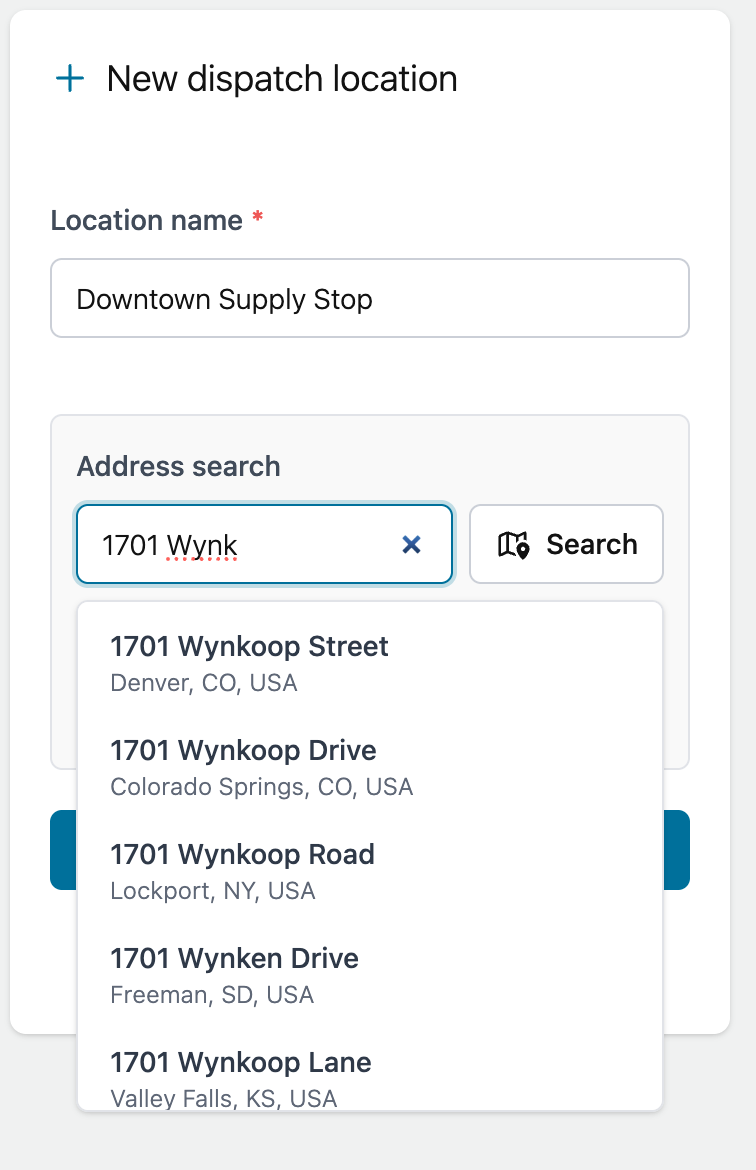 Address search suggestions for a dispatch location