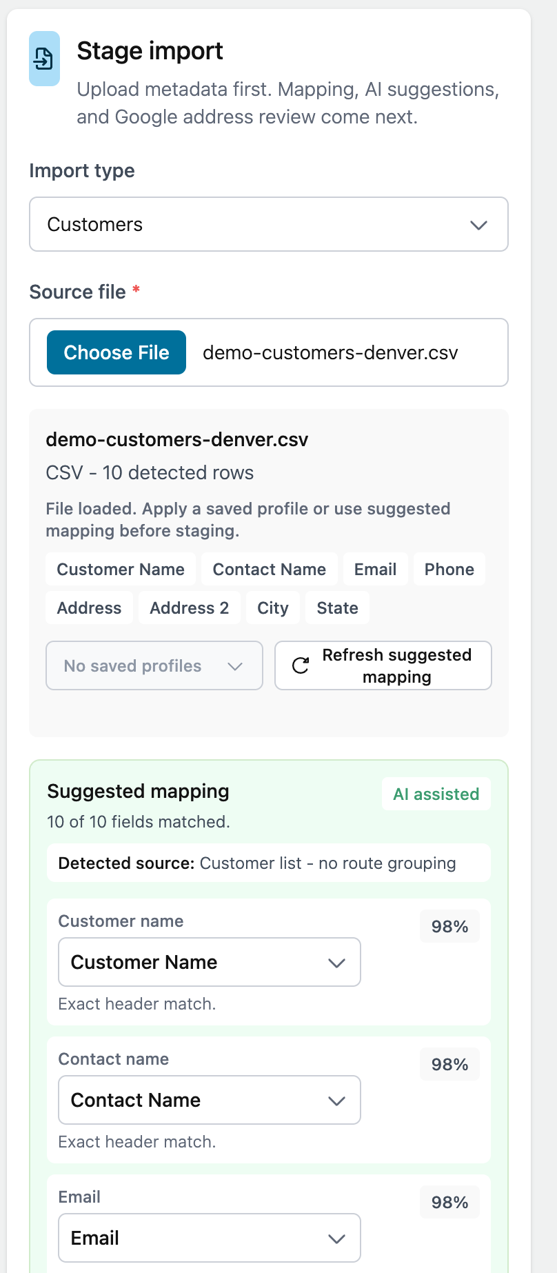 Customer import field mapping