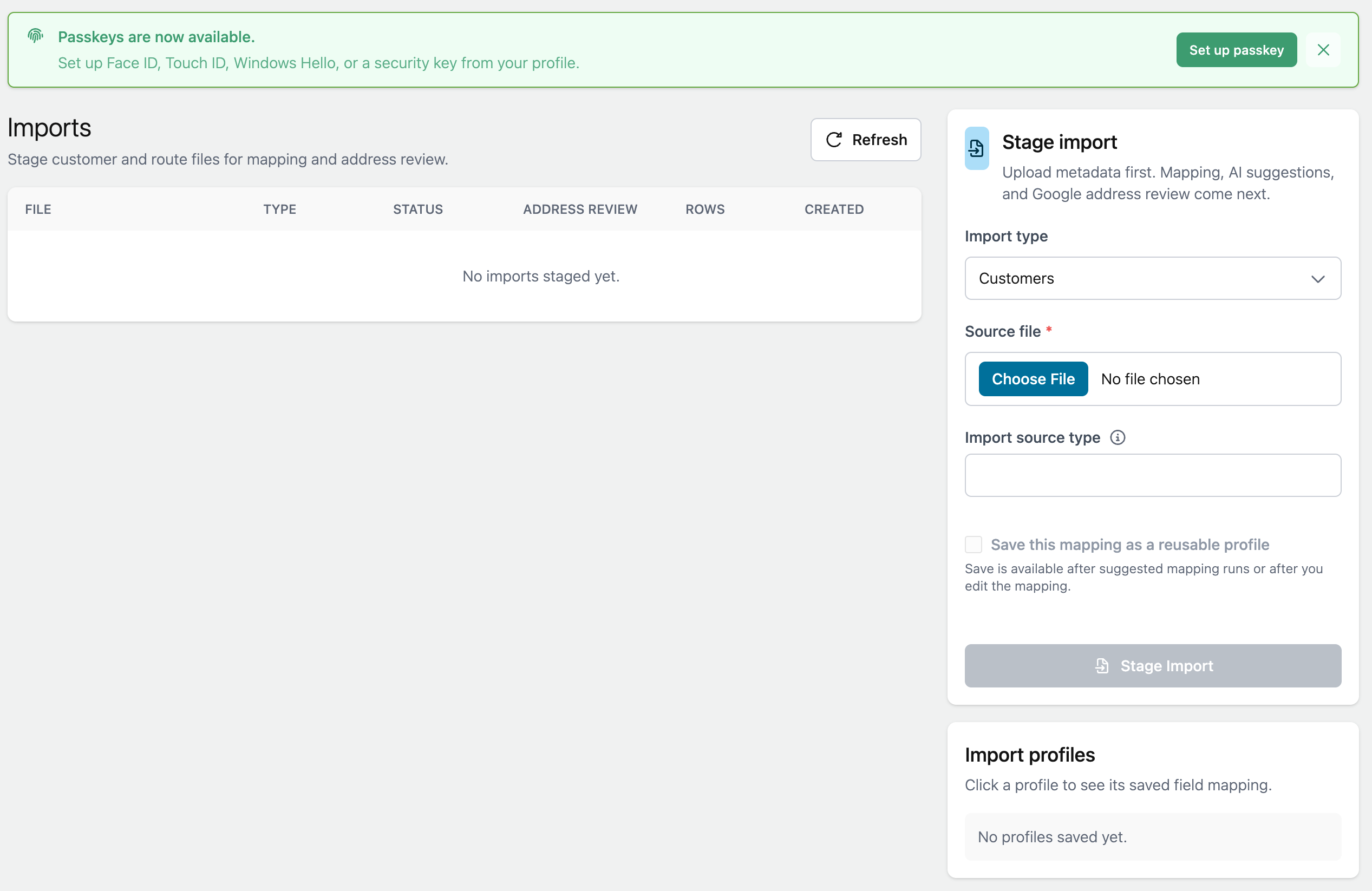 Import screen with file selection