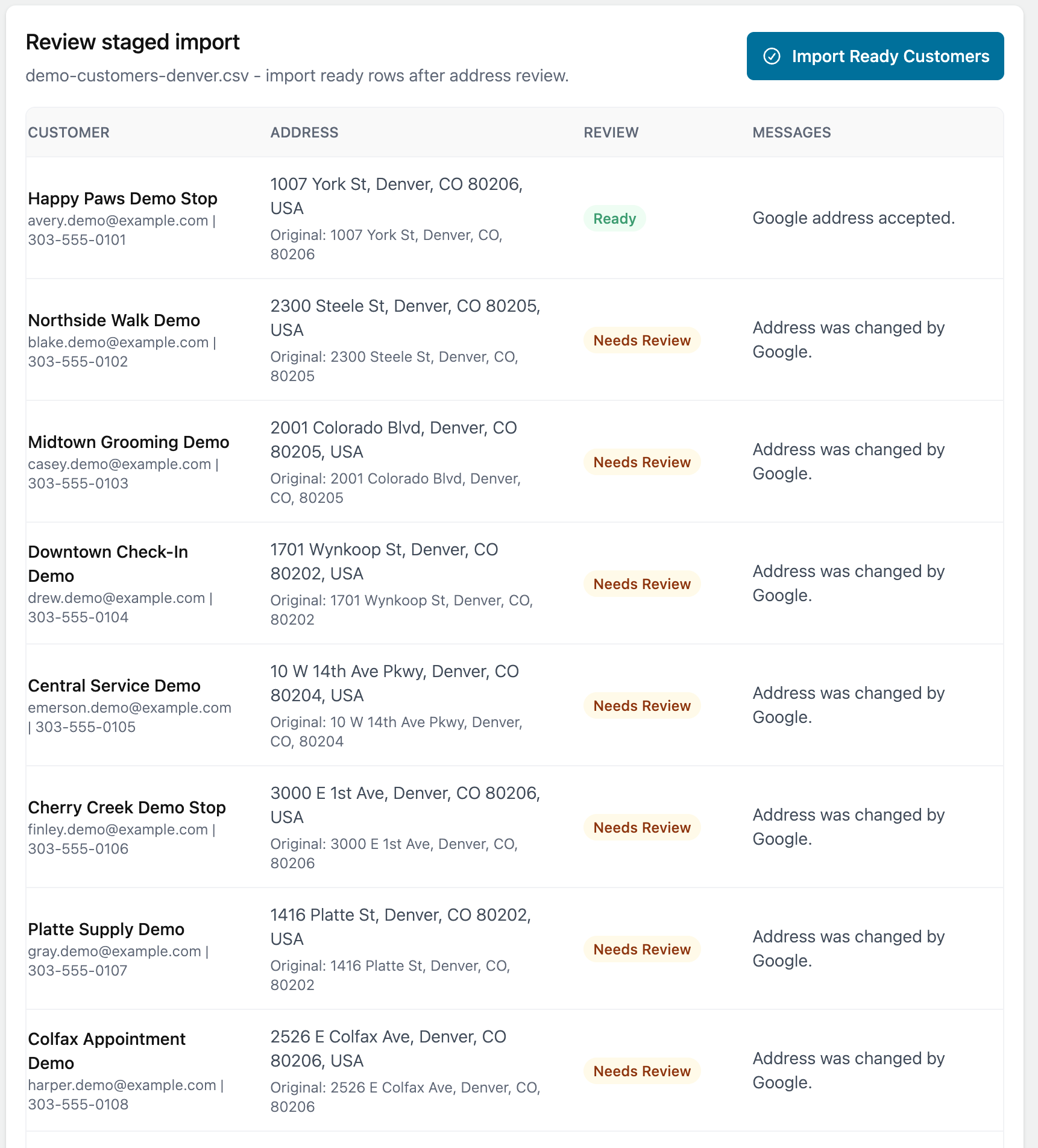 Import review screen with staged rows