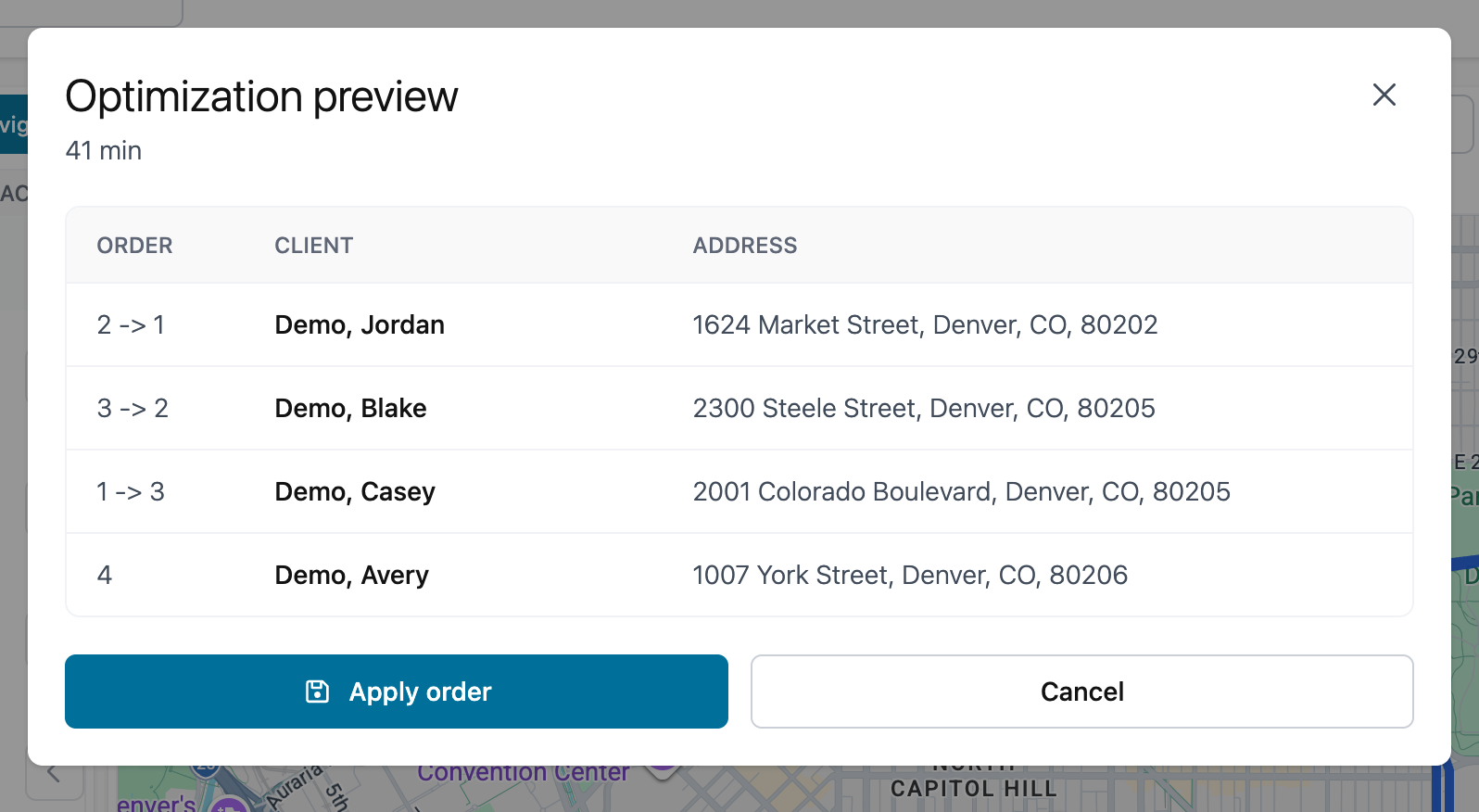 Route optimization preview with reordered stops